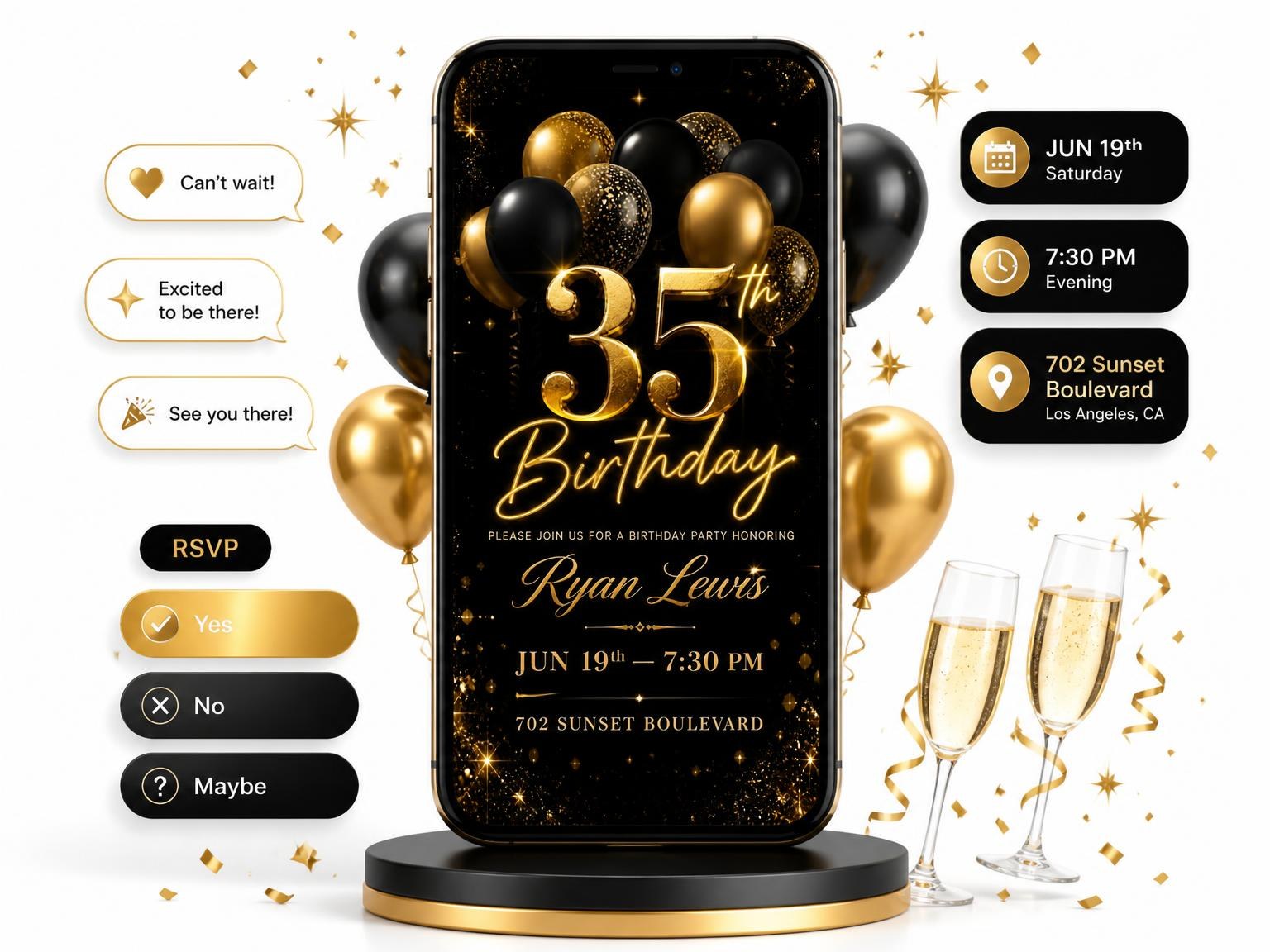 The Black and Gold Balloon 35th Birthday invitation on a phone, with guest RSVPs arriving around it