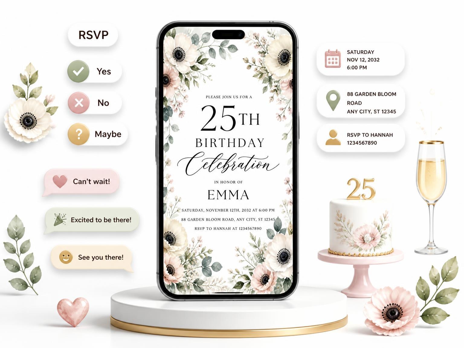 The Ivory Anemone Floral 25th Birthday Invitation invitation on a phone, with guest RSVPs arriving around it
