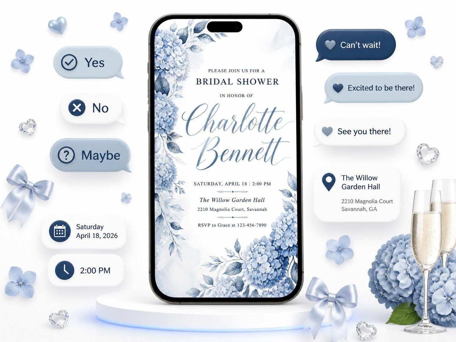 The Watercolor Blue Hydrangea Bridal Shower invitation on a phone, with guest RSVPs arriving around it