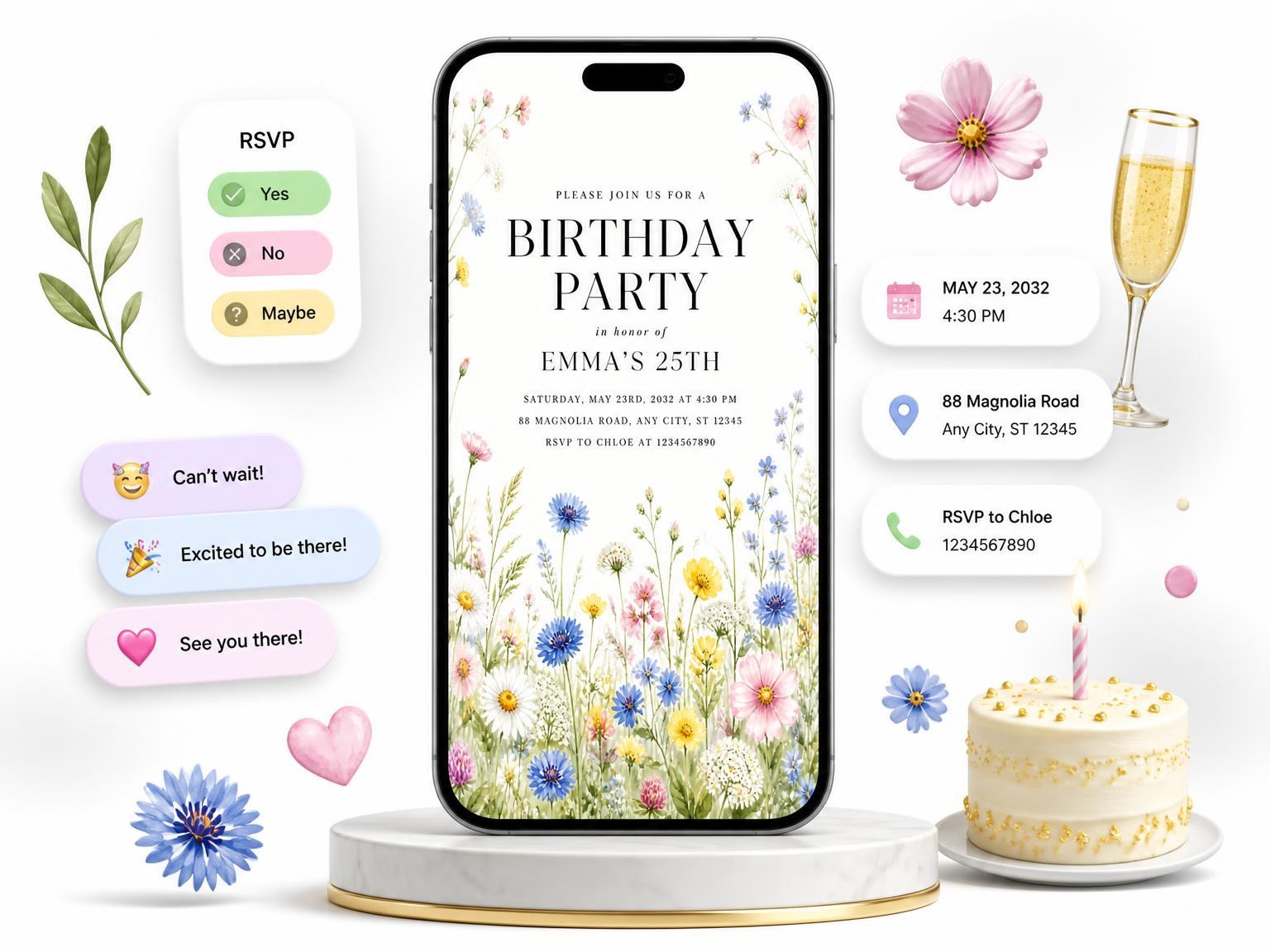 The Wildflower Meadow Bloom 25th Birthday Invitation invitation on a phone, with guest RSVPs arriving around it