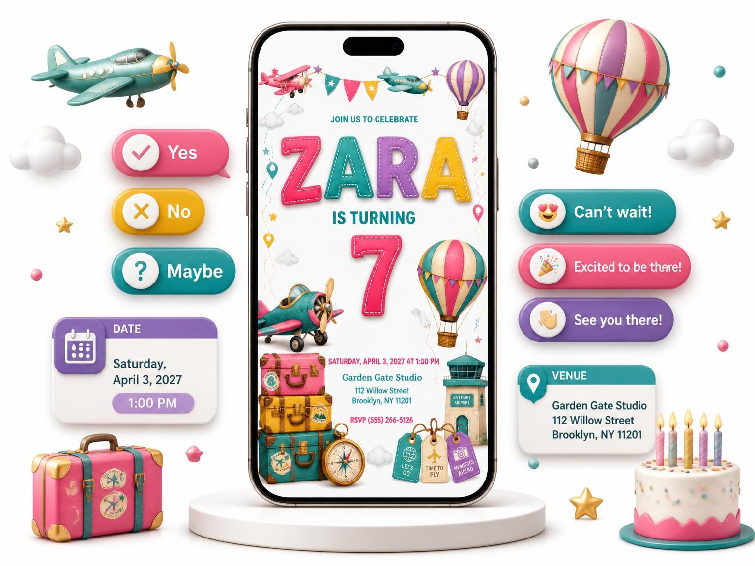 The Stitched Up and Away 7th Birthday Invitation invitation on a phone, with guest RSVPs arriving around it