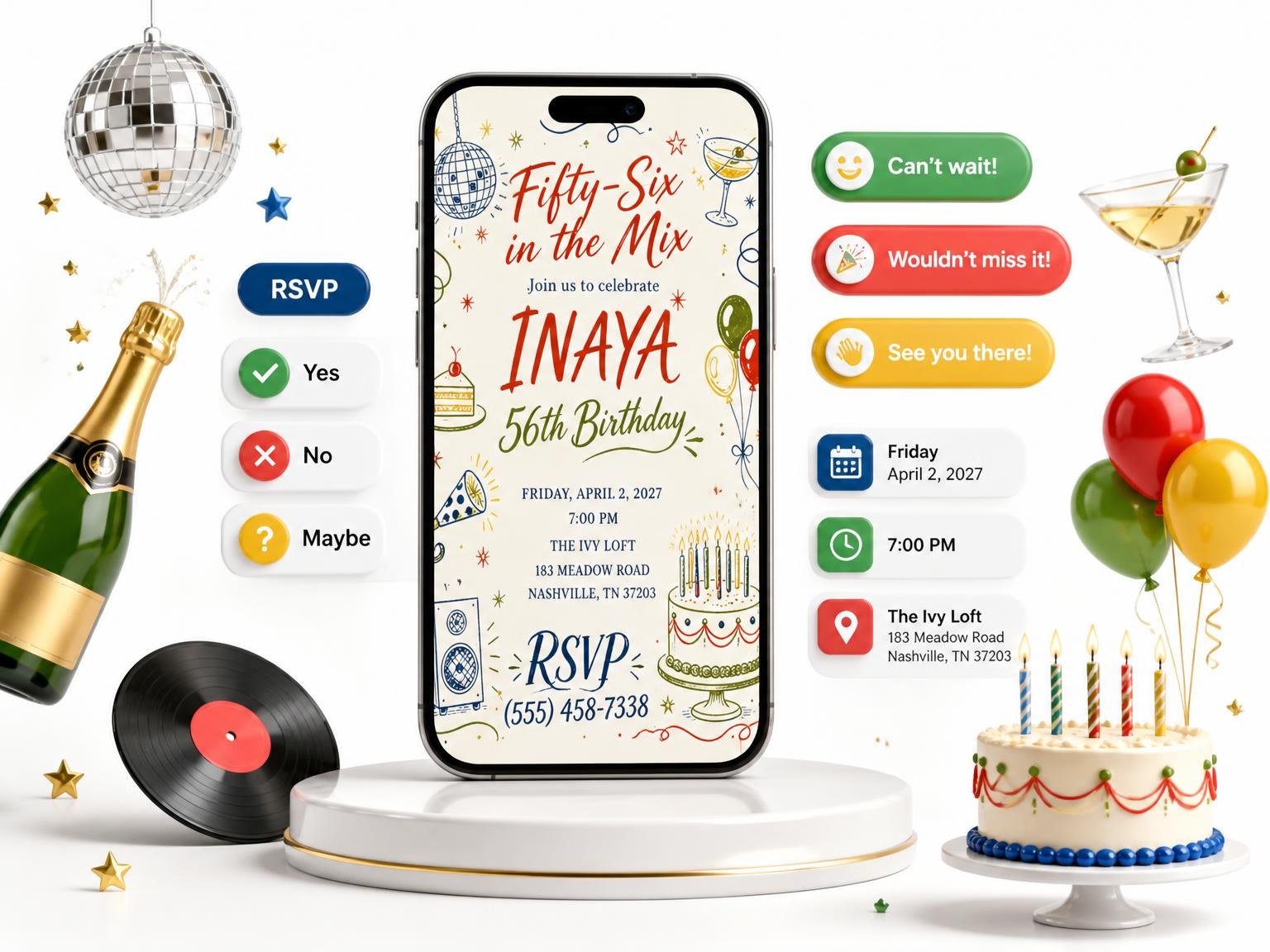 The Retro Doodle 56th Birthday Invitation invitation on a phone, with guest RSVPs arriving around it
