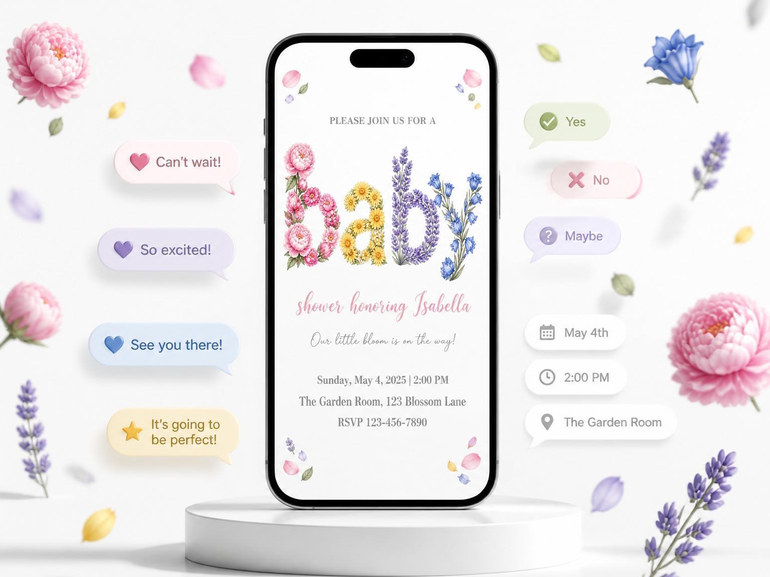 The Watercolor Floral Lettering Baby Shower invitation on a phone, with guest RSVPs arriving around it