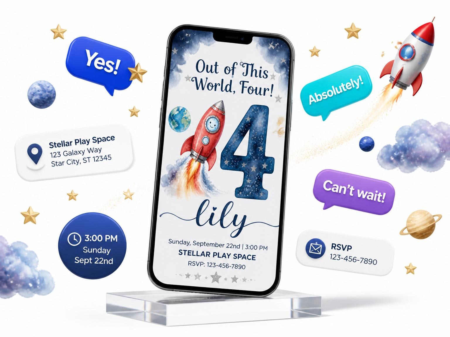 The Watercolor Rocket Space 4th Birthday invitation on a phone, with guest RSVPs arriving around it