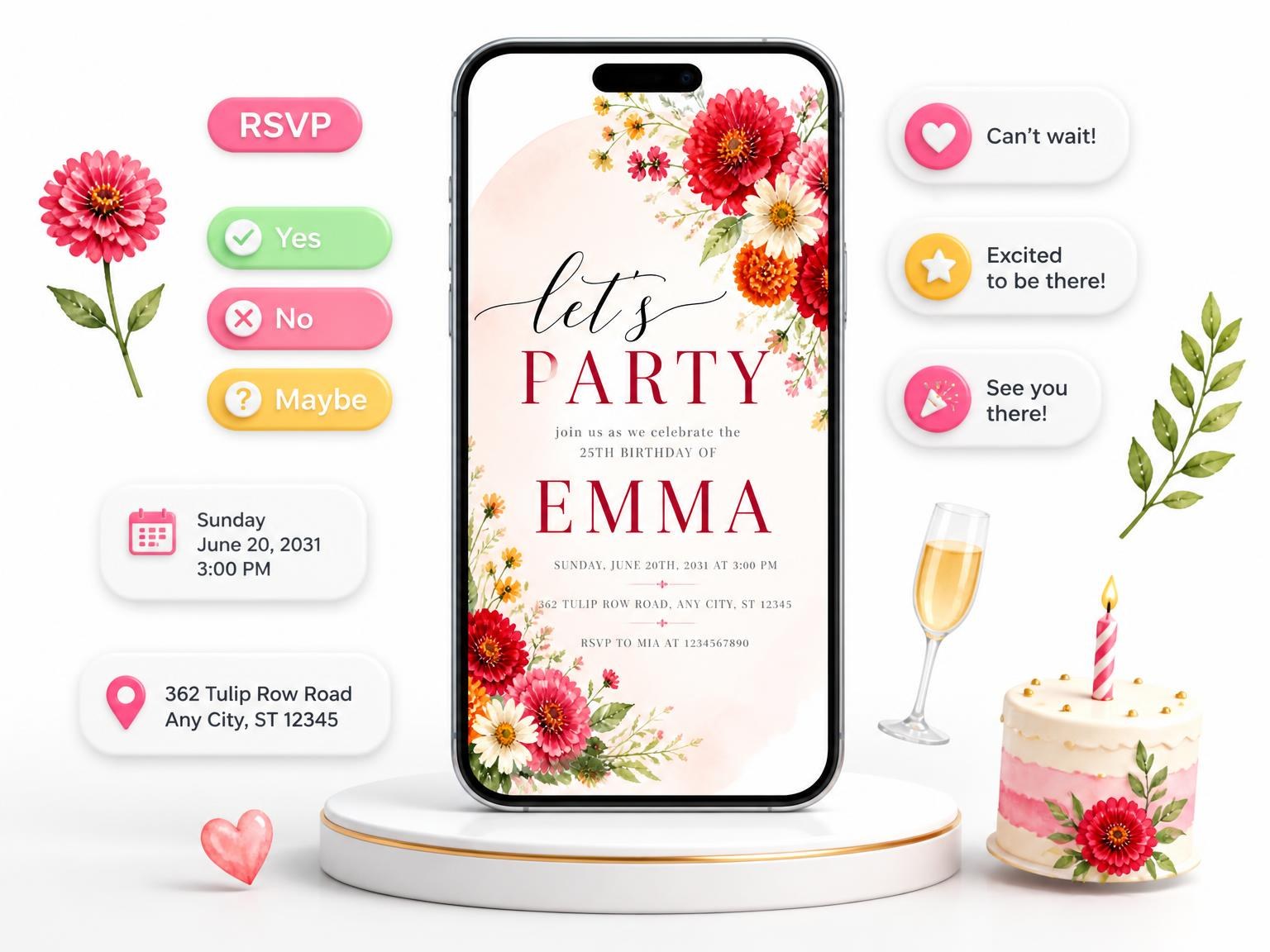 The Vibrant Floral Scarlet 25th Birthday Invitation invitation on a phone, with guest RSVPs arriving around it