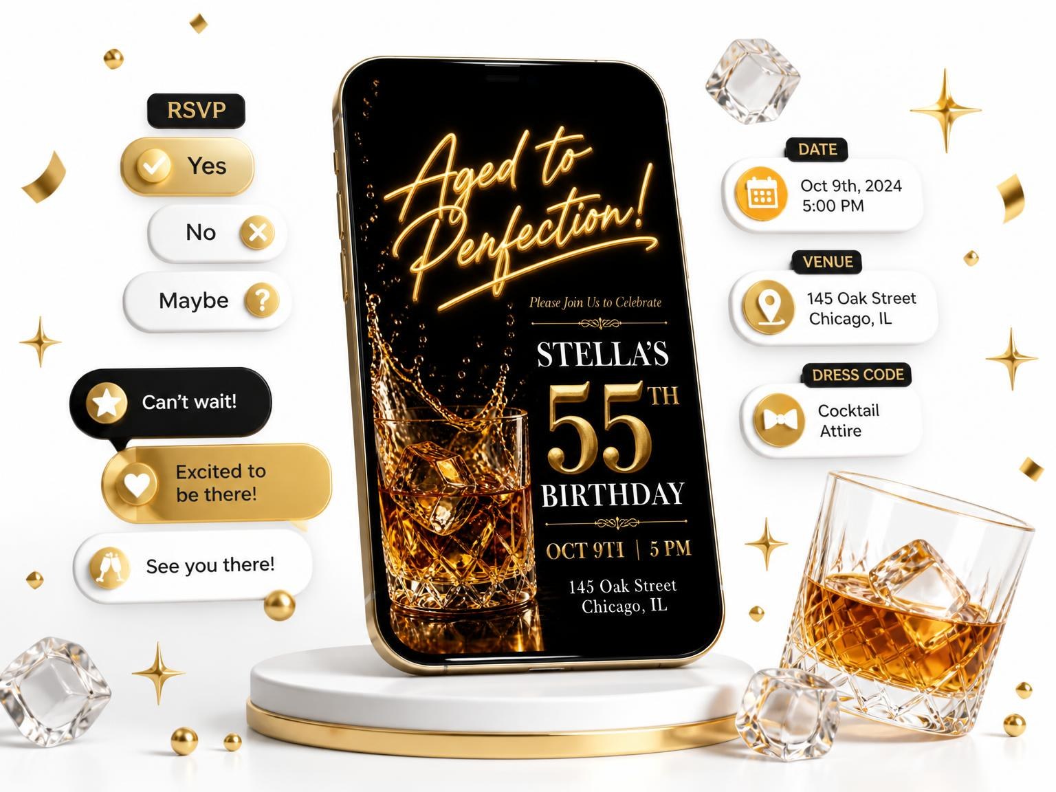 The Whiskey Glass 55th Birthday Invitation invitation on a phone, with guest RSVPs arriving around it