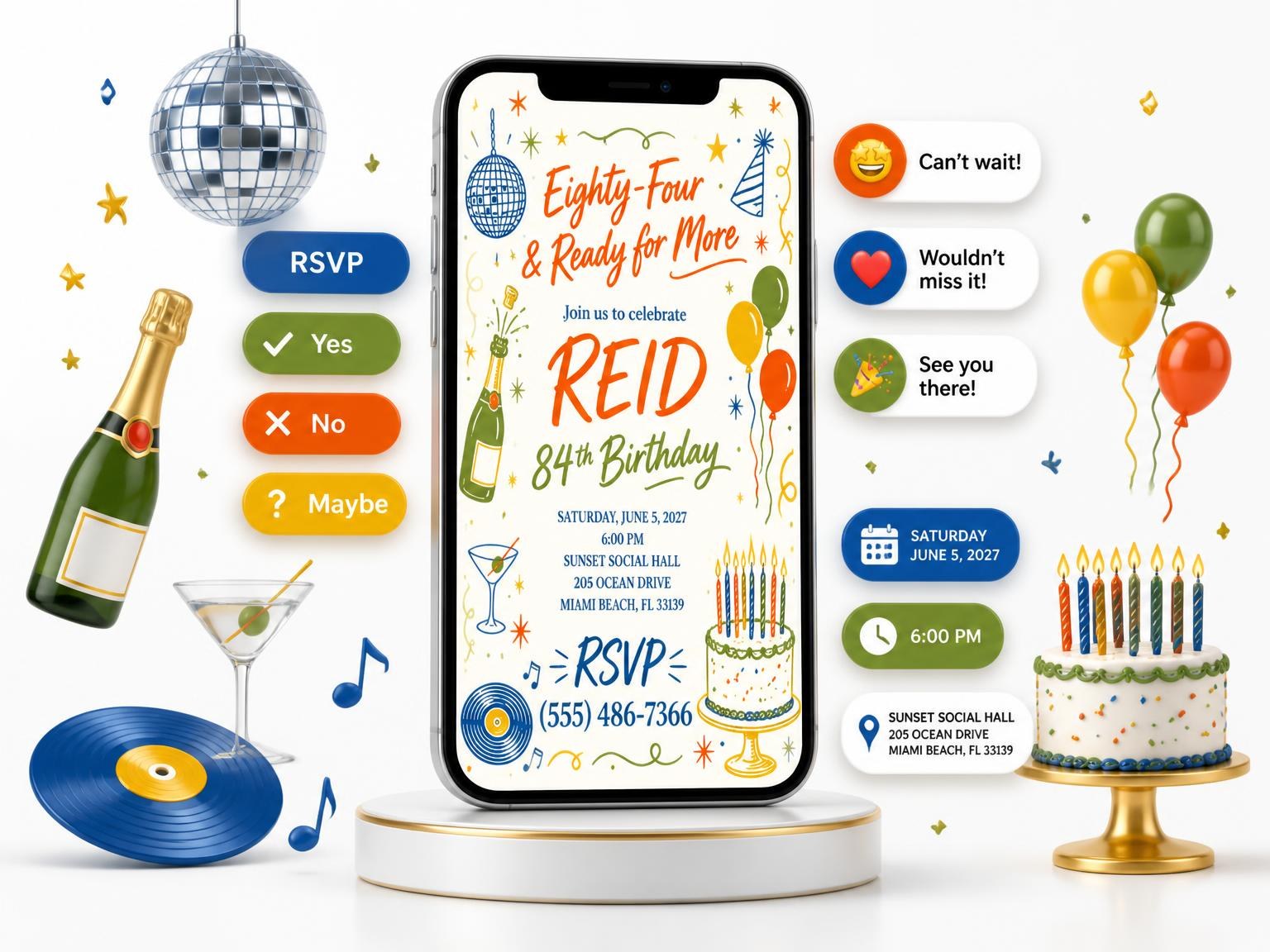 The Retro Doodle 84th Birthday Invitation invitation on a phone, with guest RSVPs arriving around it