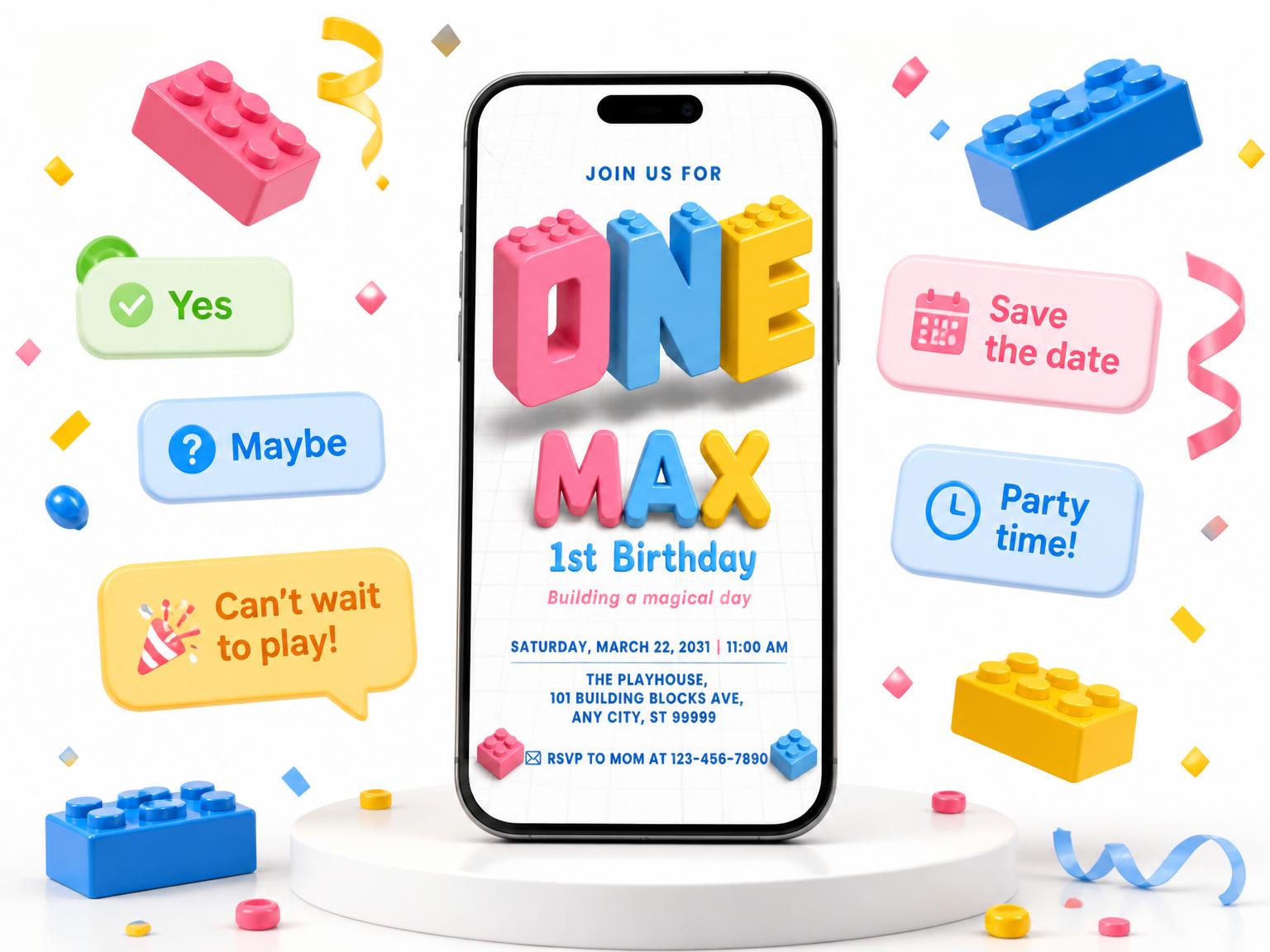 The Colorful Building Blocks 1st Birthday invitation on a phone, with guest RSVPs arriving around it