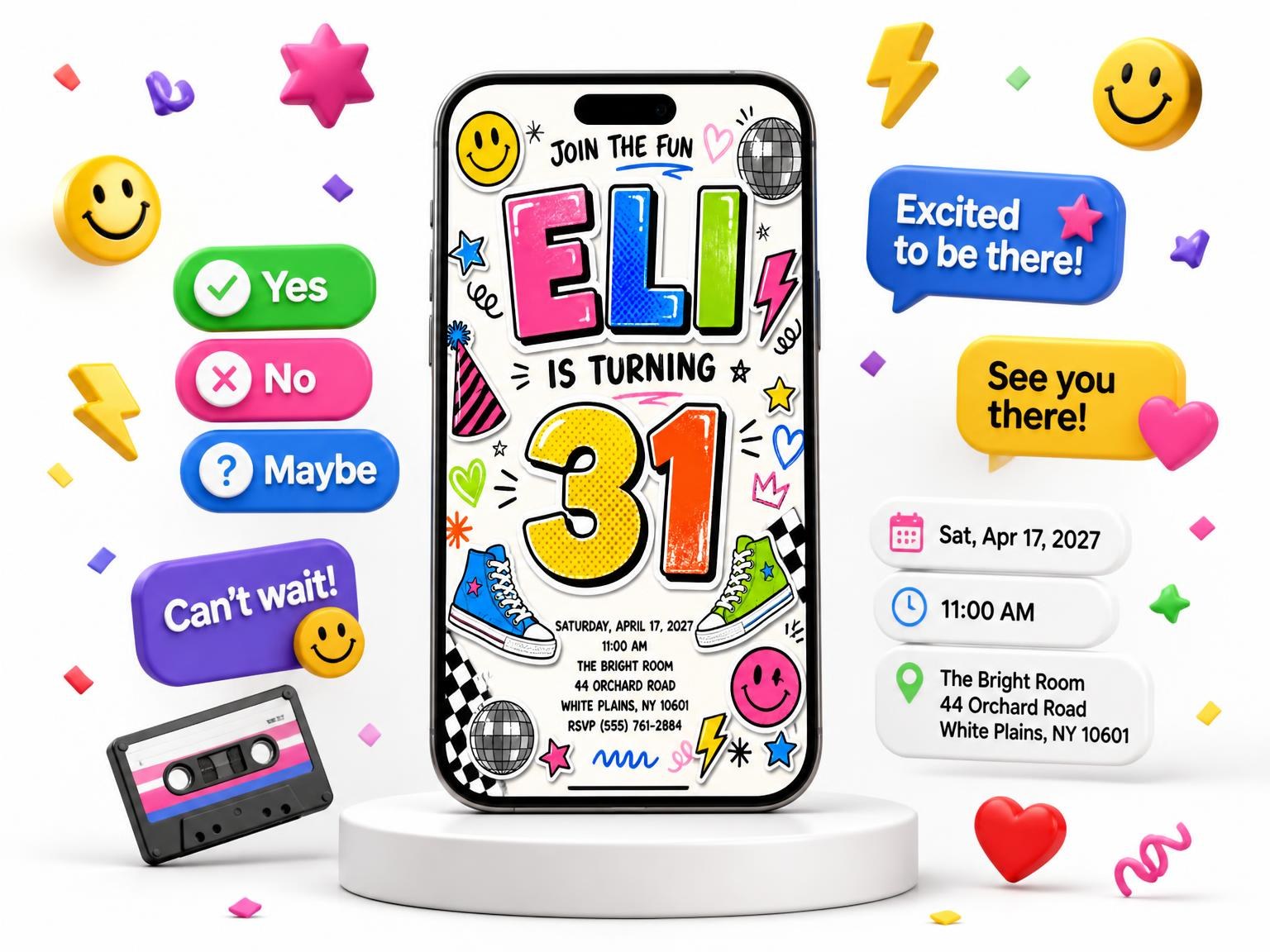 The Sticker Pop 31st Birthday Invitation invitation on a phone, with guest RSVPs arriving around it