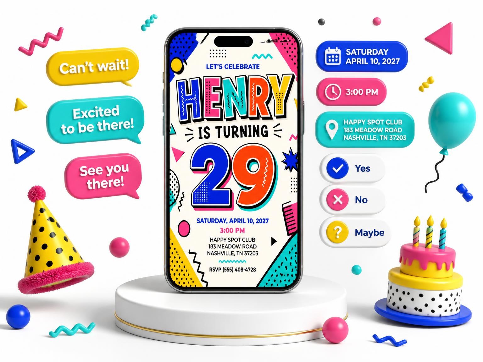 The Memphis Pop 29th Birthday Invitation invitation on a phone, with guest RSVPs arriving around it