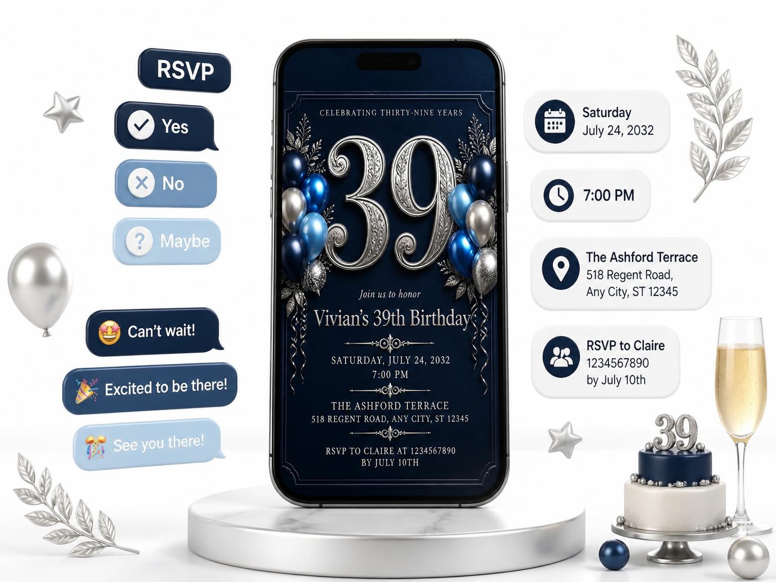 The Navy and Silver 39th Birthday Invitation invitation on a phone, with guest RSVPs arriving around it