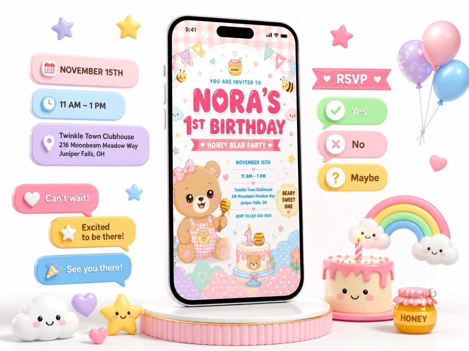 The Kawaii Honey Bear 1st Birthday Invitation invitation on a phone, with guest RSVPs arriving around it