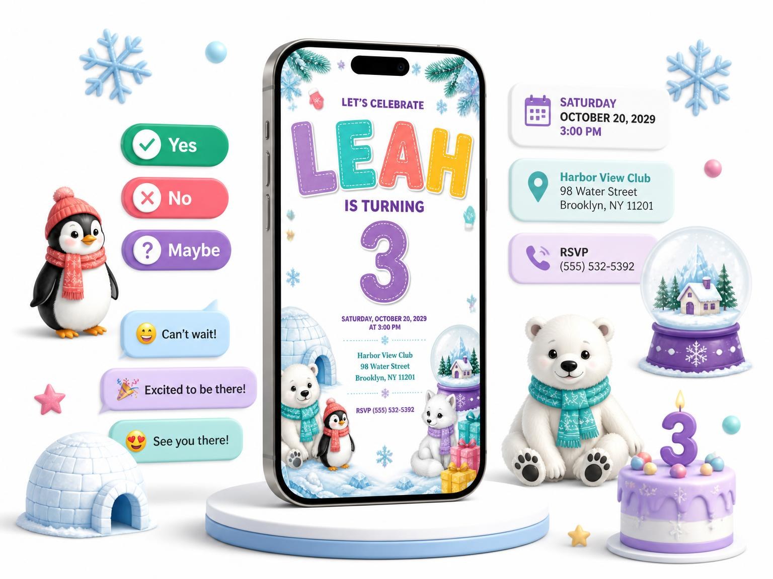 The Stitched Winter Polar 3rd Birthday Invitation invitation on a phone, with guest RSVPs arriving around it