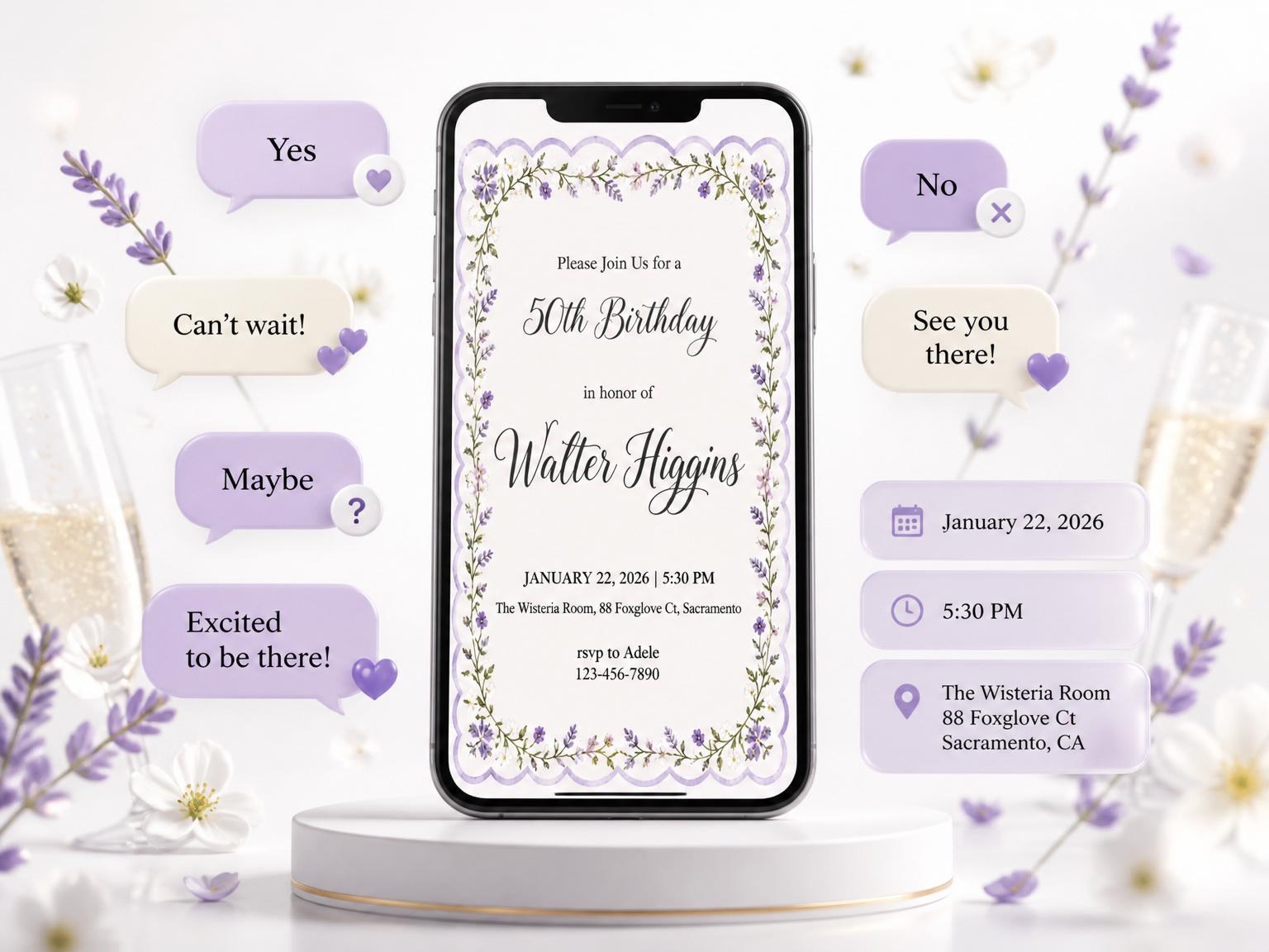 The Watercolor Lavender Scalloped 50th Birthday Invitation invitation on a phone, with guest RSVPs arriving around it