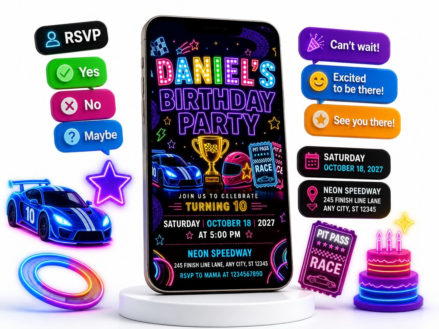 The Neon Race Cars 10th Birthday Invitation invitation on a phone, with guest RSVPs arriving around it