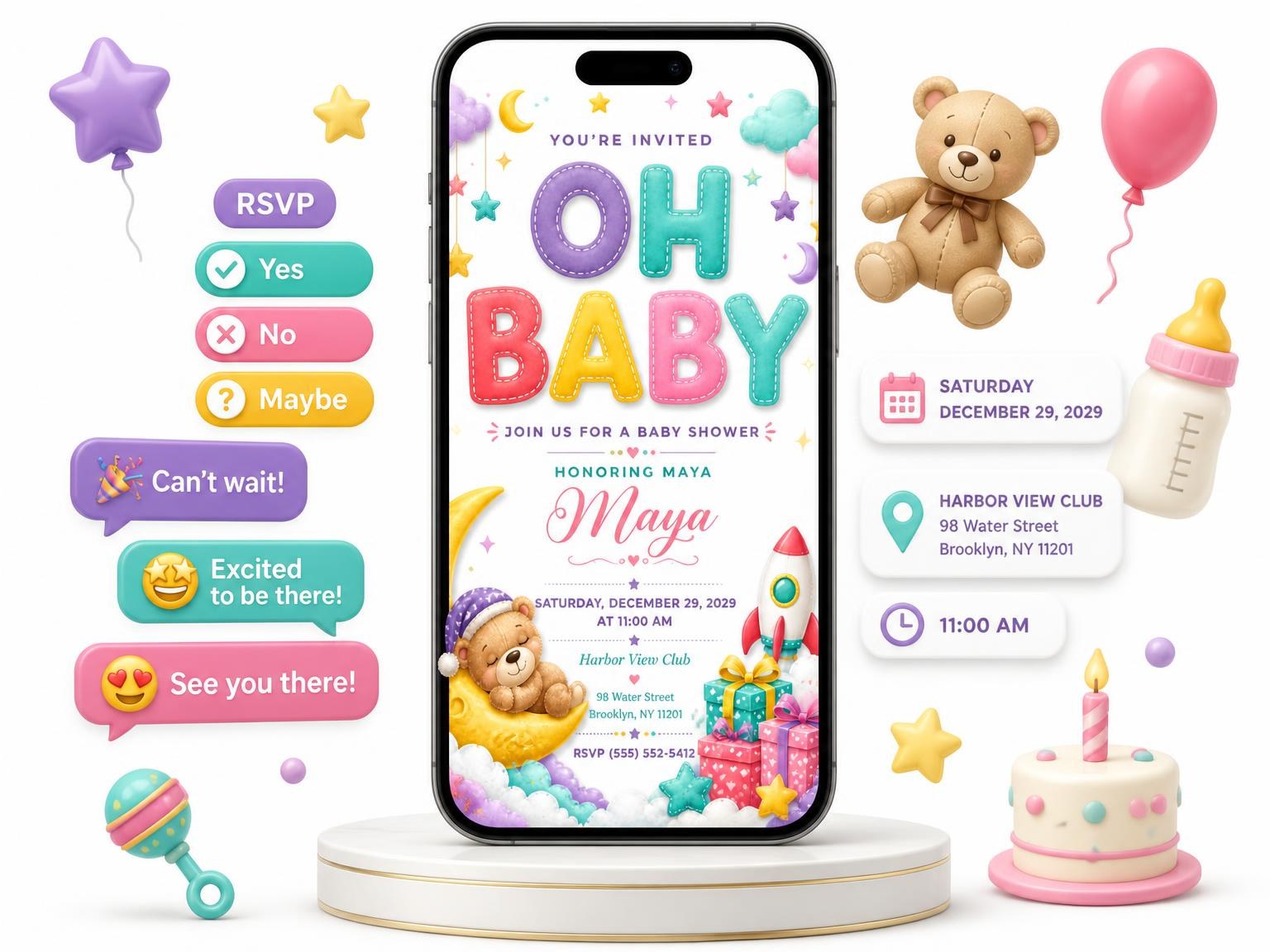 The Clouds Baby Shower Invitation invitation on a phone, with guest RSVPs arriving around it