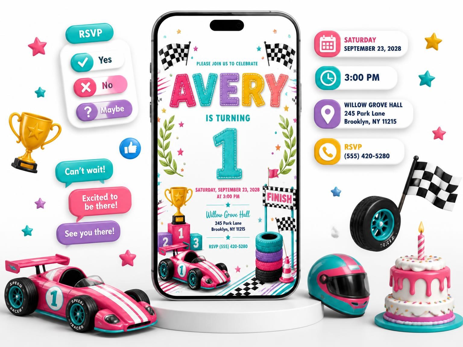 The Pink Race Car 1st Birthday Invitation invitation on a phone, with guest RSVPs arriving around it