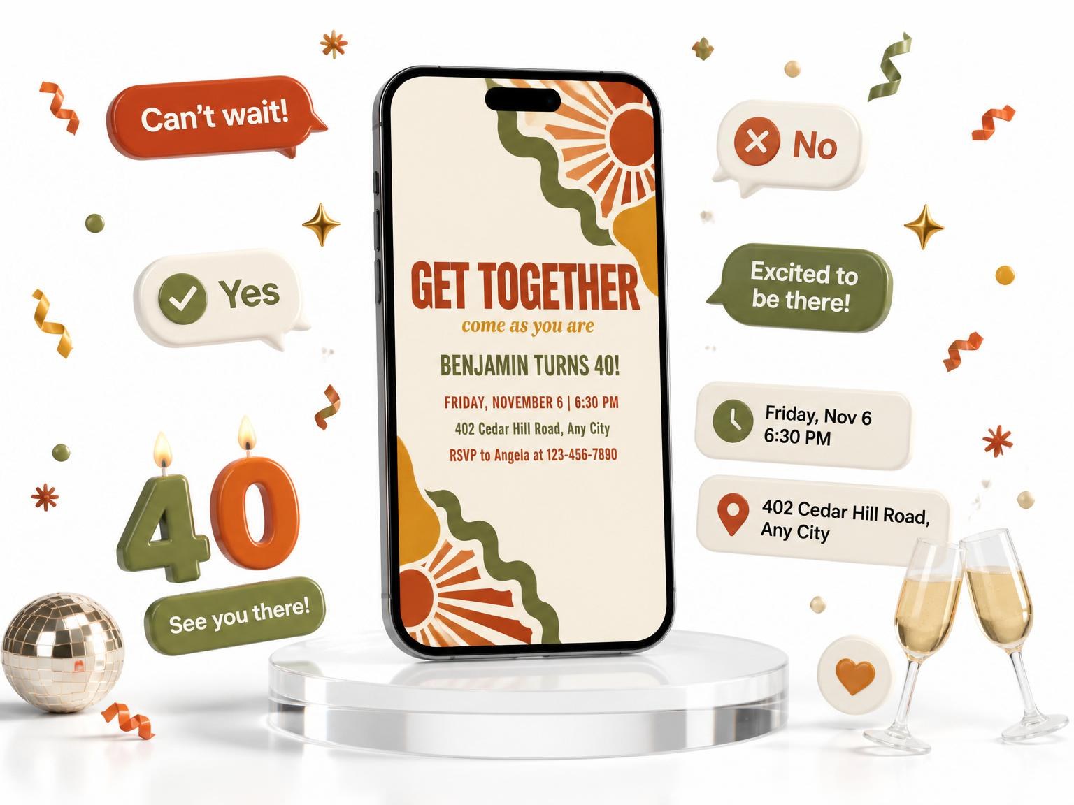 The Retro 70s Sunburst 40th Birthday invitation on a phone, with guest RSVPs arriving around it