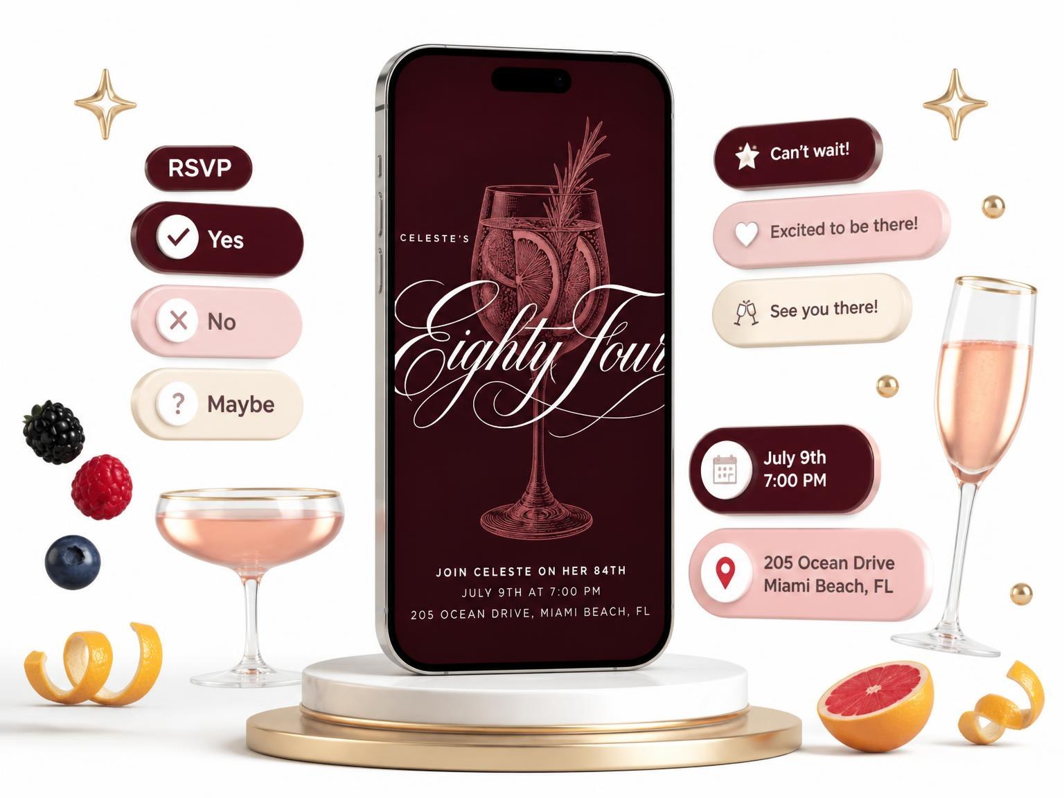 The Burgundy Cocktail 84th Birthday Invitation invitation on a phone, with guest RSVPs arriving around it