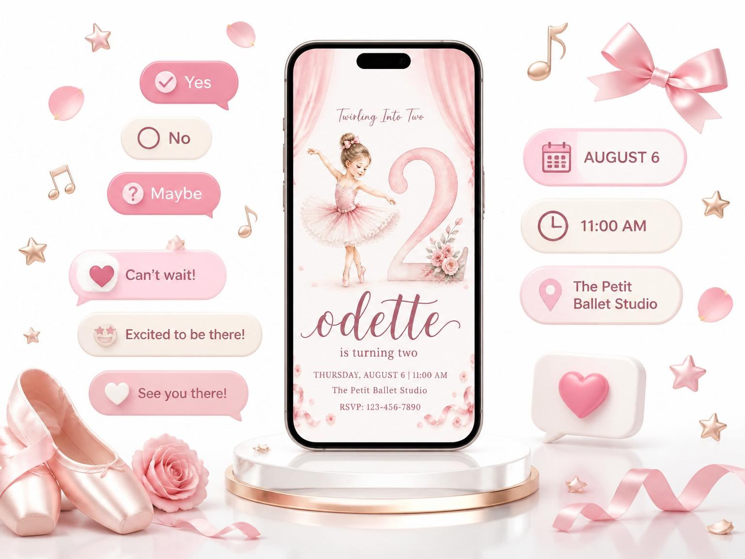 The Blush Watercolor Ballerina 2nd Birthday invitation on a phone, with guest RSVPs arriving around it