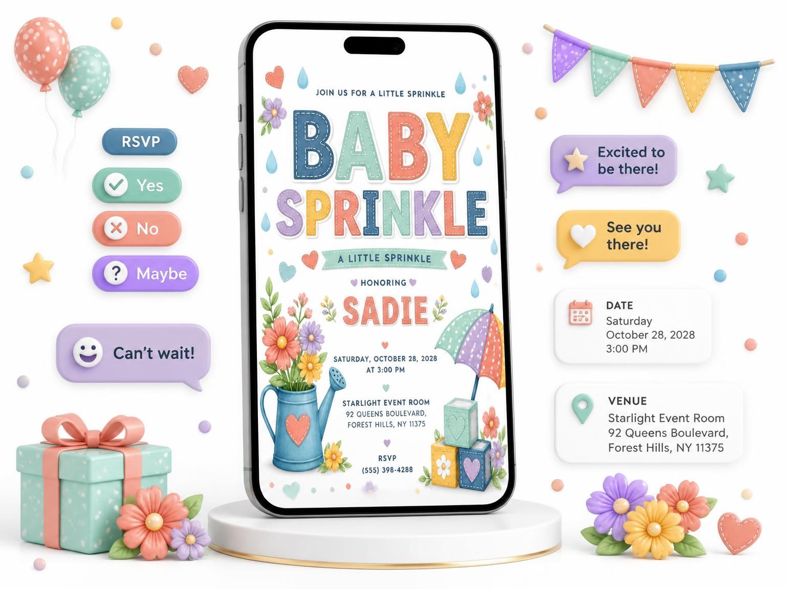 The Floral Bouquet Baby Sprinkle Invitation invitation on a phone, with guest RSVPs arriving around it