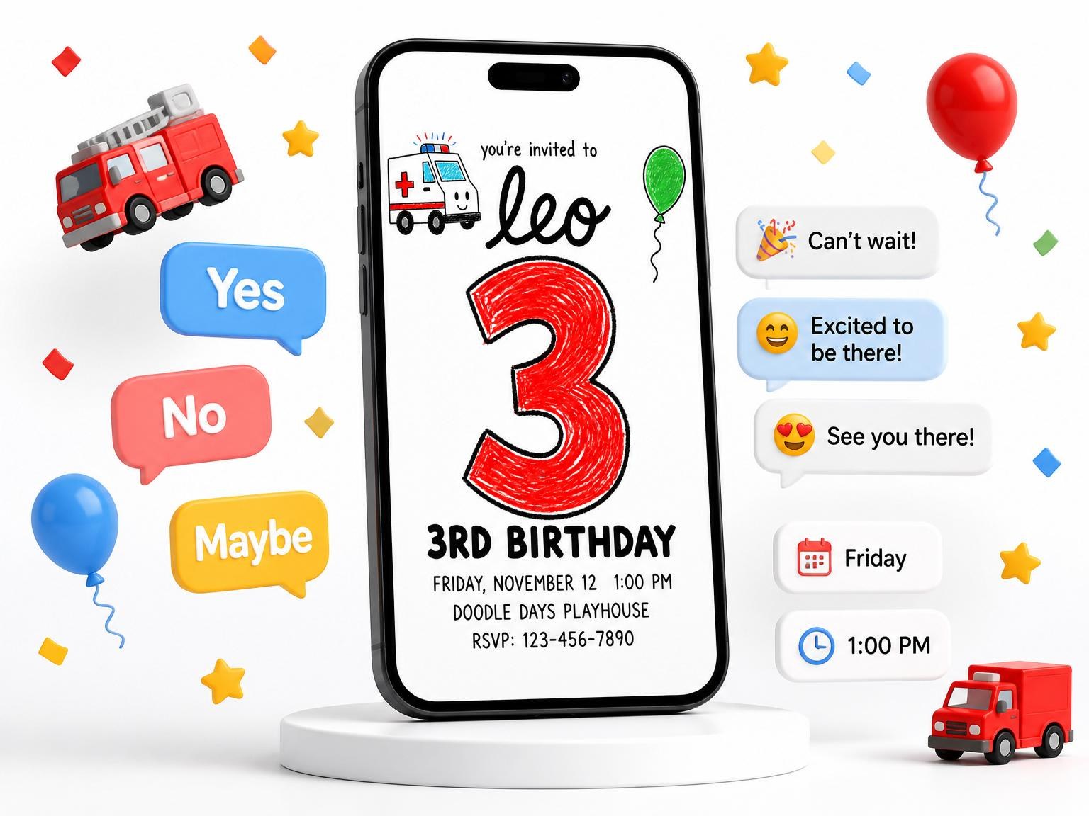 The Crayon Ambulance 3rd Birthday Invitation invitation on a phone, with guest RSVPs arriving around it