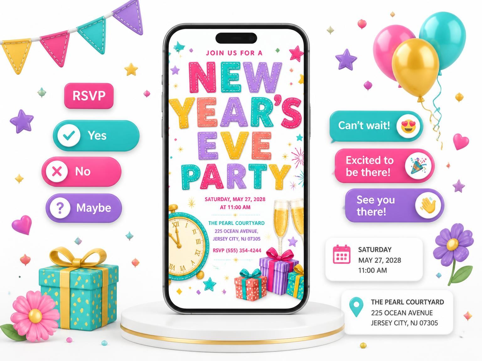 The Countdown Clock New Year's Eve Party Invitation invitation on a phone, with guest RSVPs arriving around it