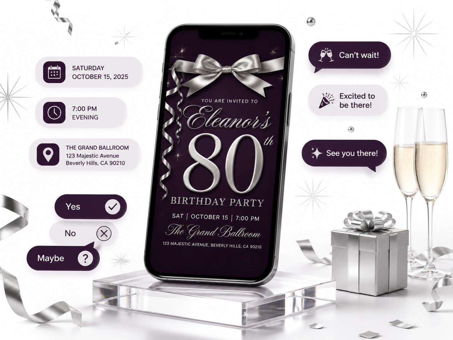The Dark Purple Silver Ribbon 80th Birthday invitation on a phone, with guest RSVPs arriving around it