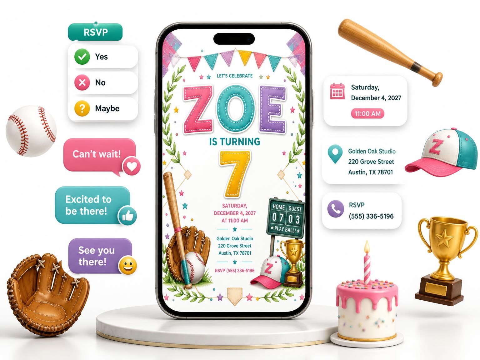 The Stitched Baseball 7th Birthday Invitation invitation on a phone, with guest RSVPs arriving around it
