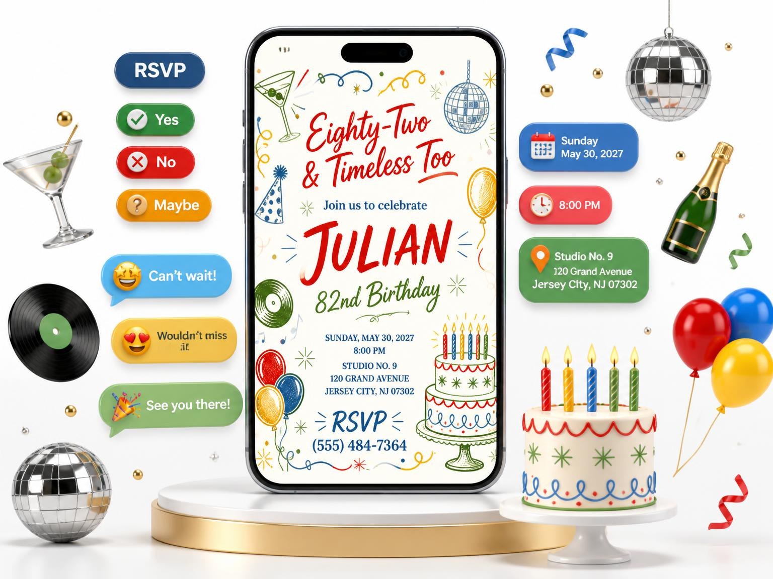 The Retro Doodle 82nd Birthday Invitation invitation on a phone, with guest RSVPs arriving around it
