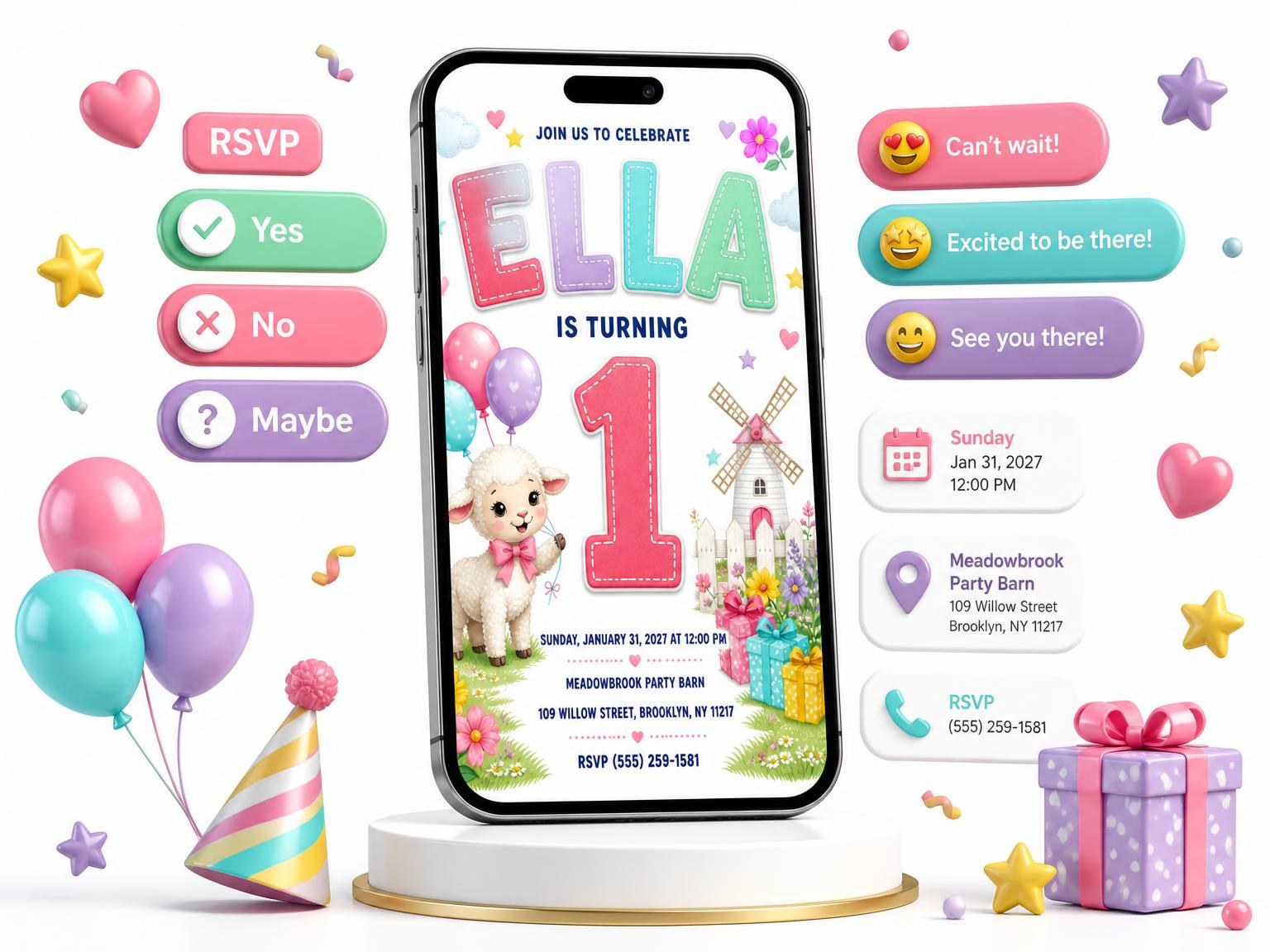 The Windmill Stitched 1st Birthday Invitation invitation on a phone, with guest RSVPs arriving around it