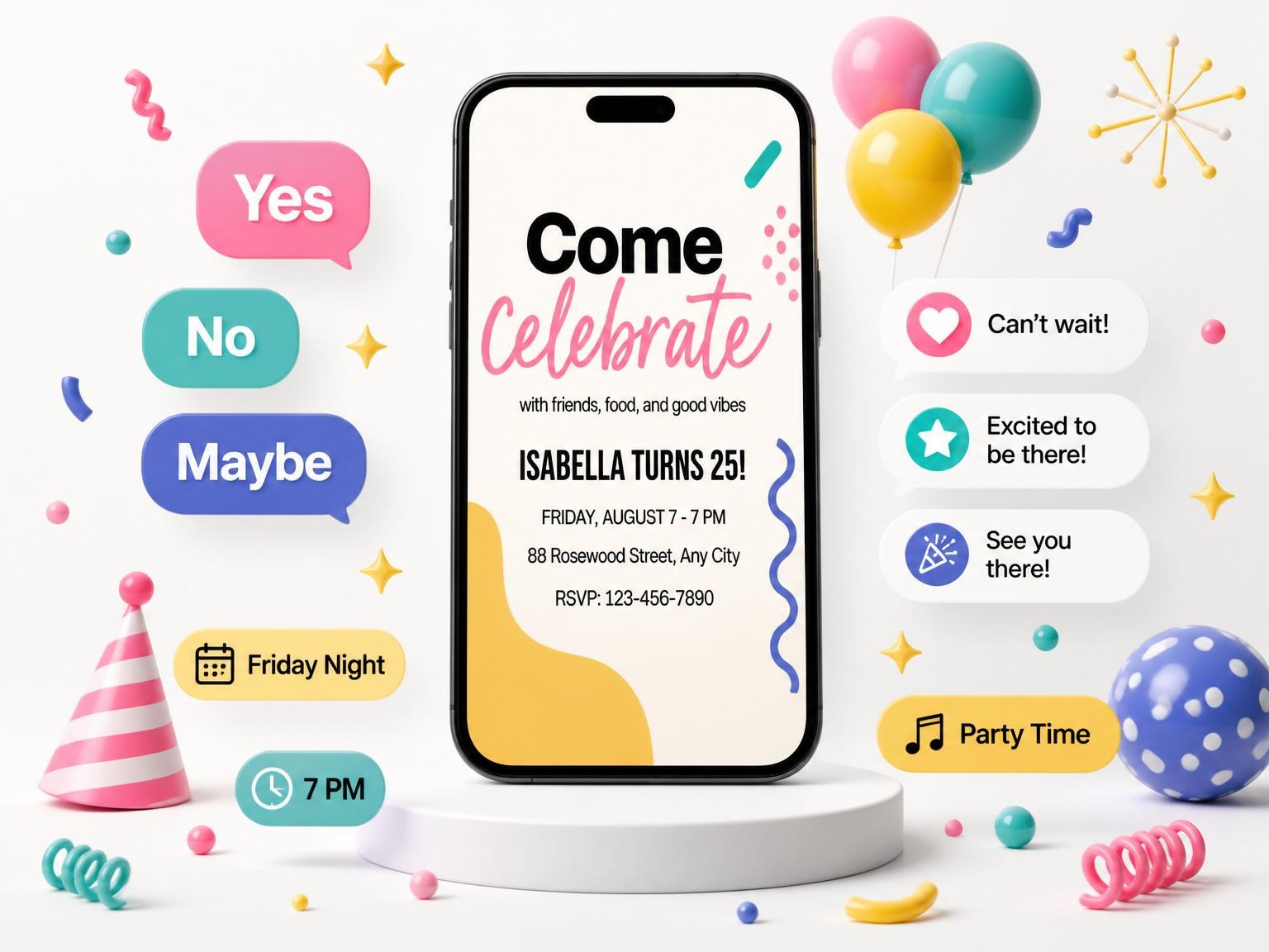 The Memphis Geometric 25th Birthday Party invitation on a phone, with guest RSVPs arriving around it