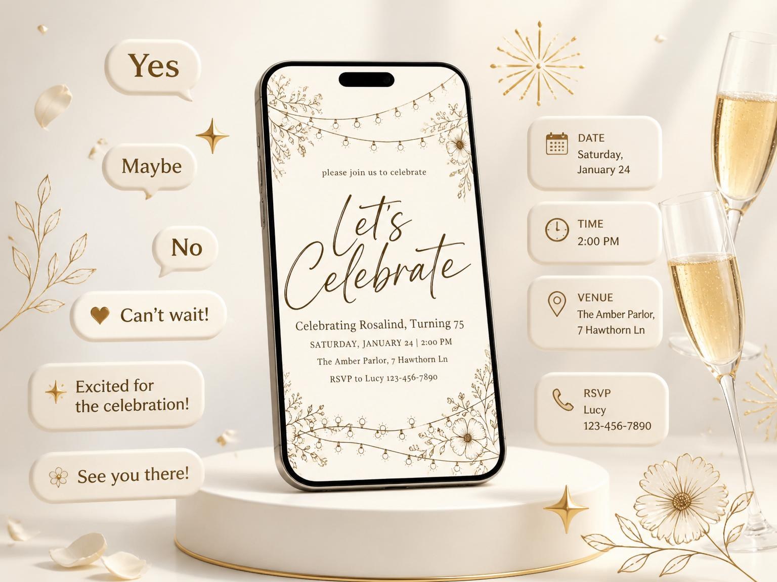 The Cream Botanical String Light Invitation invitation on a phone, with guest RSVPs arriving around it