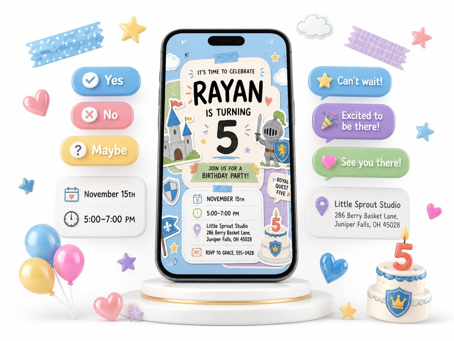 The Castle Cutout Pastel 5th Birthday Invitation invitation on a phone, with guest RSVPs arriving around it