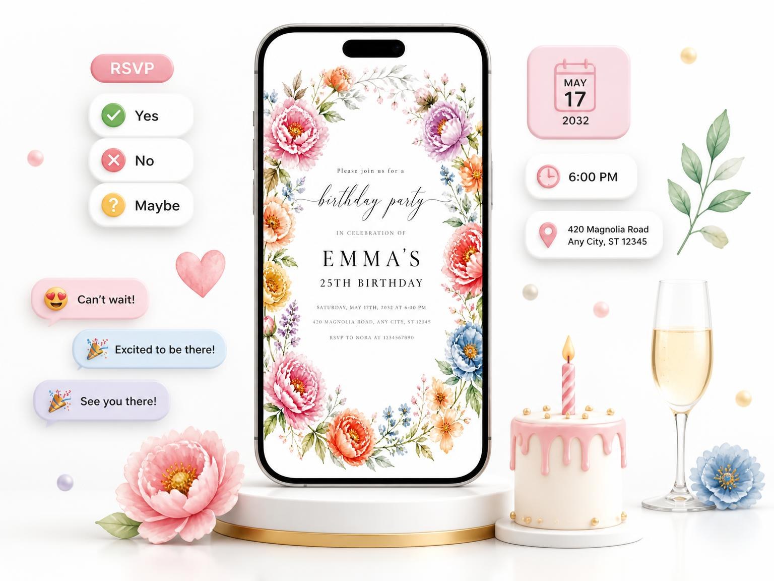 The Peony Floral Wreath 25th Birthday Invitation invitation on a phone, with guest RSVPs arriving around it