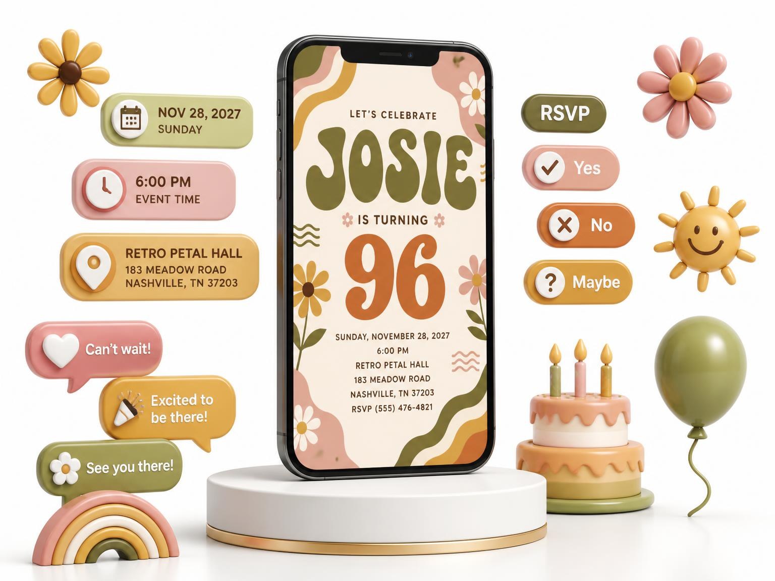 The Groovy Retro 96th Birthday Invitation invitation on a phone, with guest RSVPs arriving around it