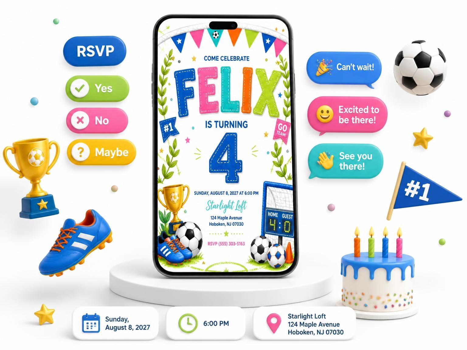 The Stitched Soccer 4th Birthday Invitation invitation on a phone, with guest RSVPs arriving around it