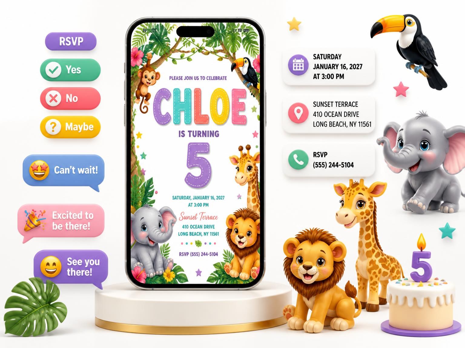 The Stitched Safari 5th Birthday Invitation invitation on a phone, with guest RSVPs arriving around it