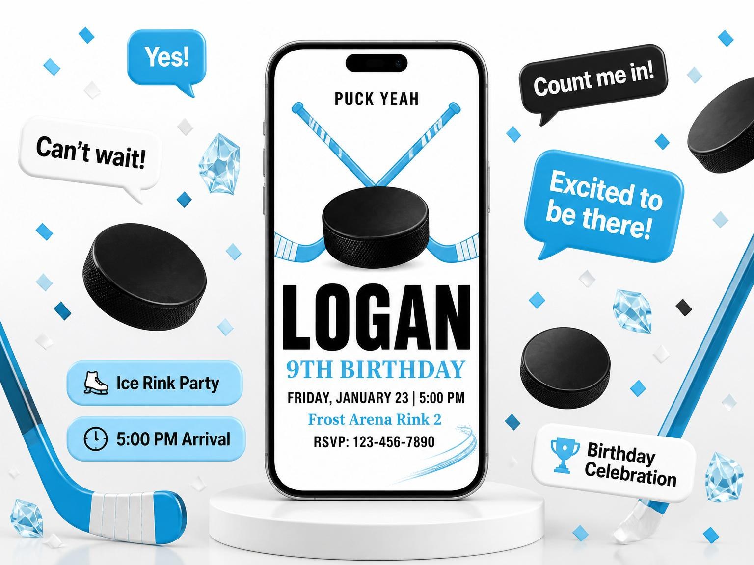 The Crossed Hockey Sticks 9th Birthday Party invitation on a phone, with guest RSVPs arriving around it