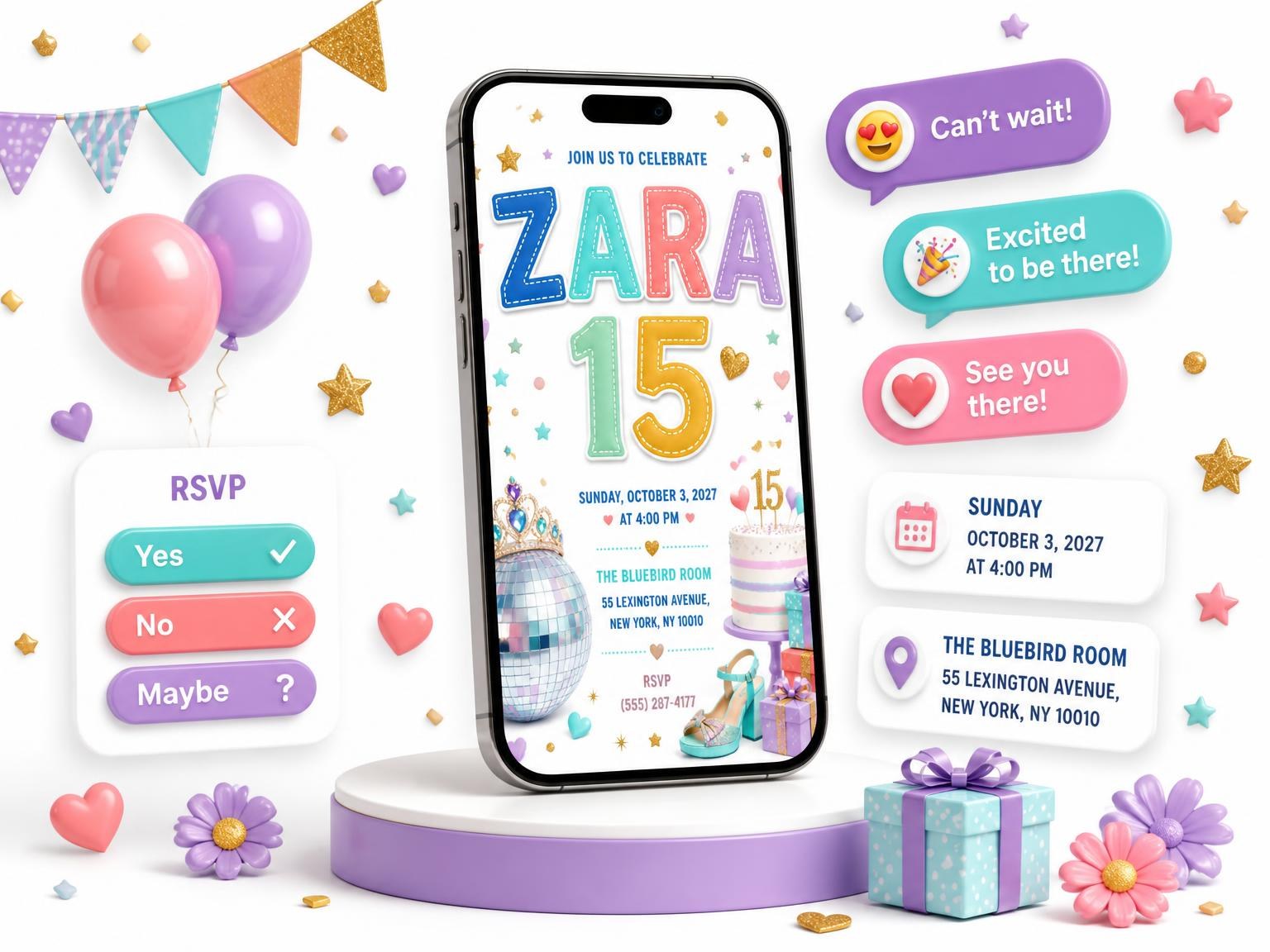 The Disco Ball 15th Birthday Party Invitation invitation on a phone, with guest RSVPs arriving around it