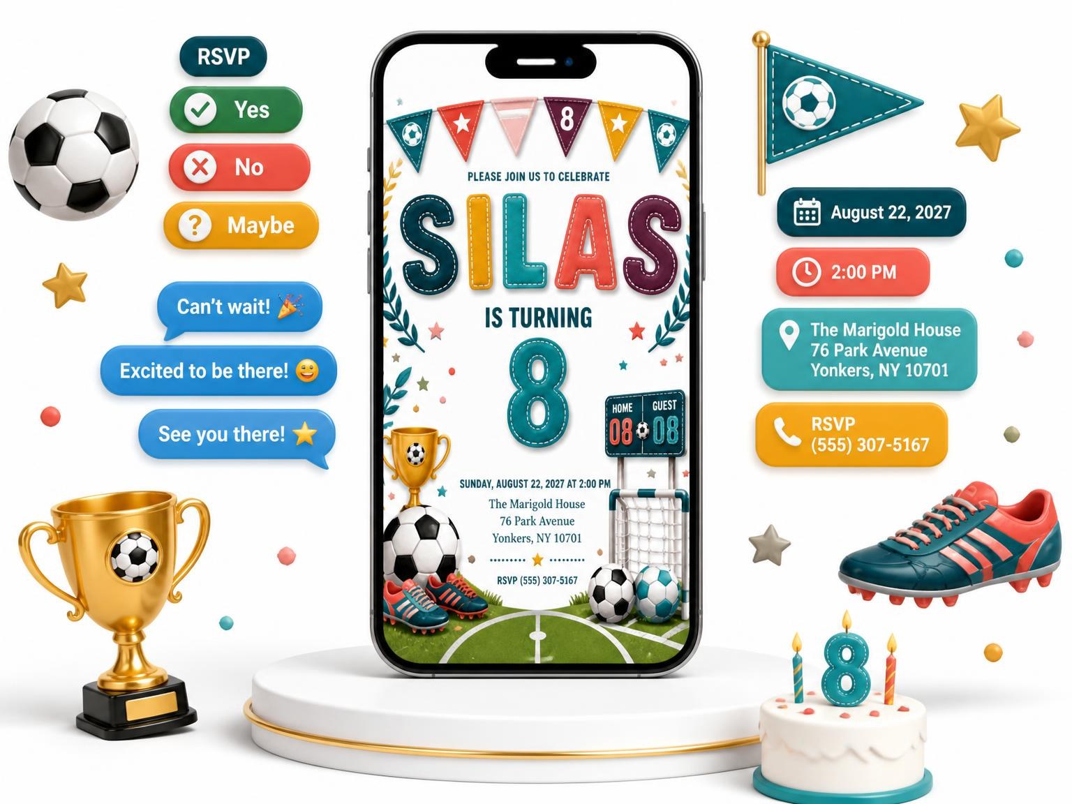 The Stitched Soccer 8th Birthday Invitation invitation on a phone, with guest RSVPs arriving around it