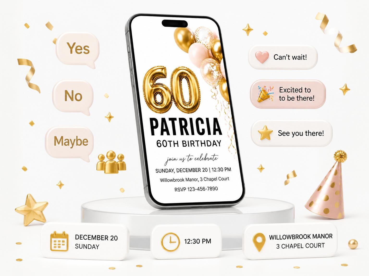 The Gold Balloon 60th Birthday Invite invitation on a phone, with guest RSVPs arriving around it