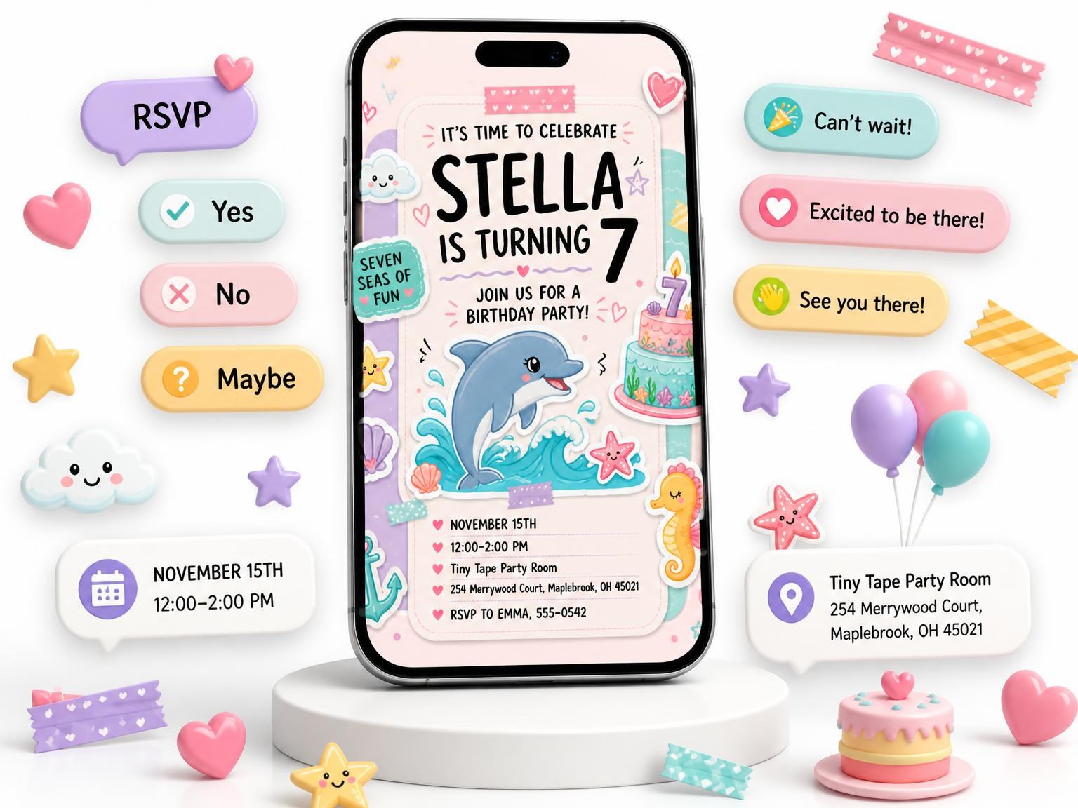 The Dolphin Pastel 7th Birthday Invitation invitation on a phone, with guest RSVPs arriving around it