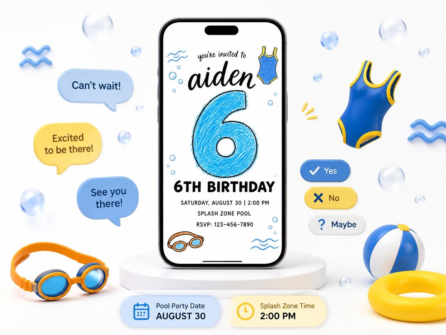 The Crayon Blue Swim 6th Birthday Invitation invitation on a phone, with guest RSVPs arriving around it