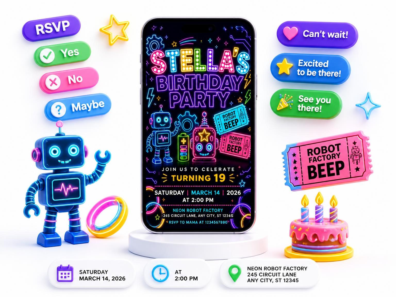 The Neon Robots 19th Birthday Invitation invitation on a phone, with guest RSVPs arriving around it
