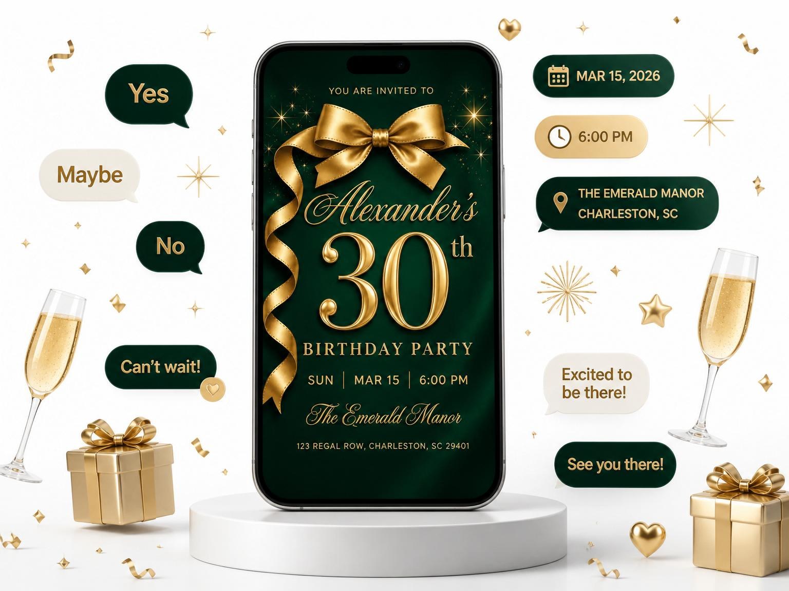The Emerald Silk Gold Ribbon 30th Birthday invitation on a phone, with guest RSVPs arriving around it