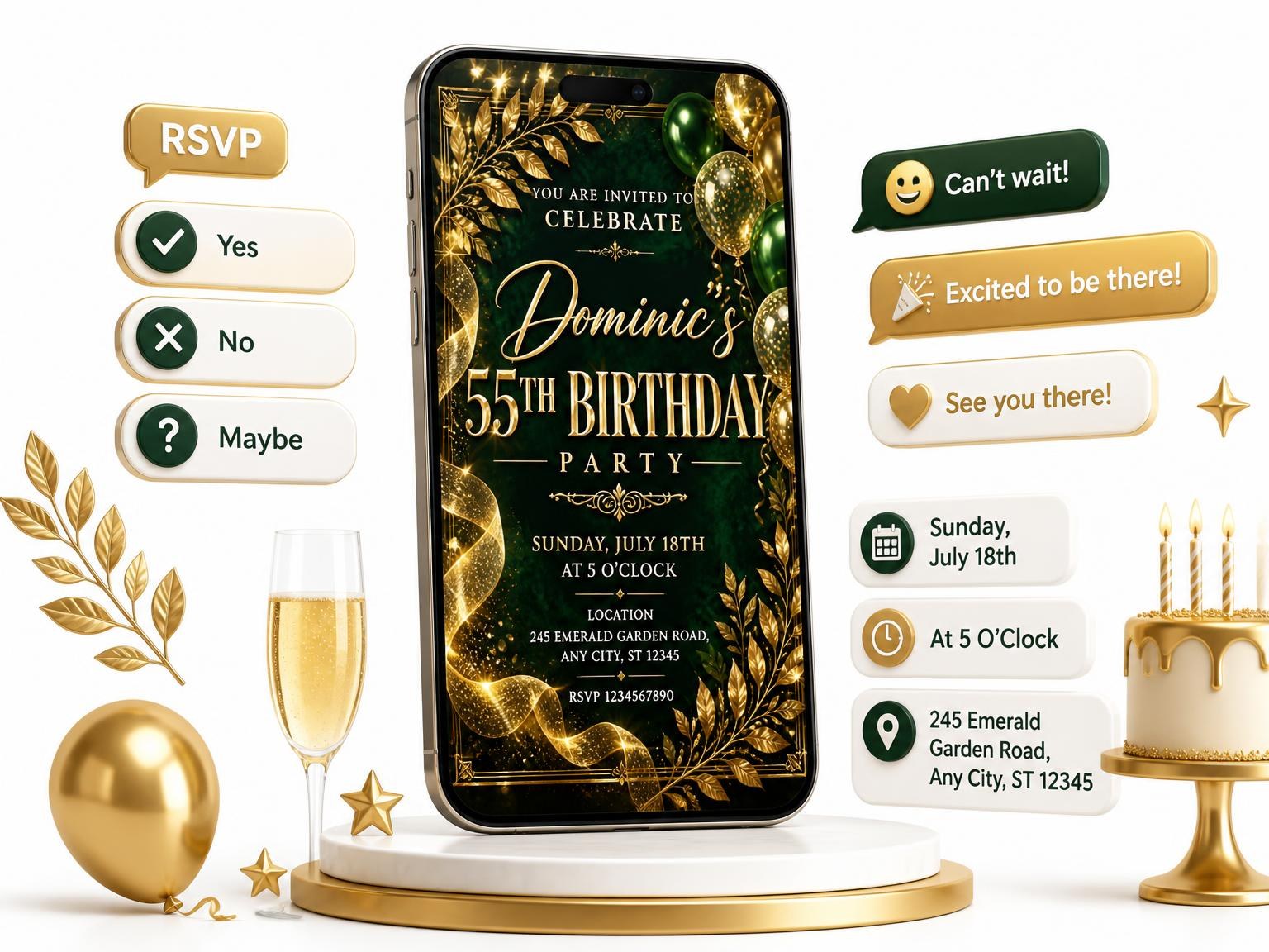 The Emerald and Champagne 55th Birthday Invitation invitation on a phone, with guest RSVPs arriving around it