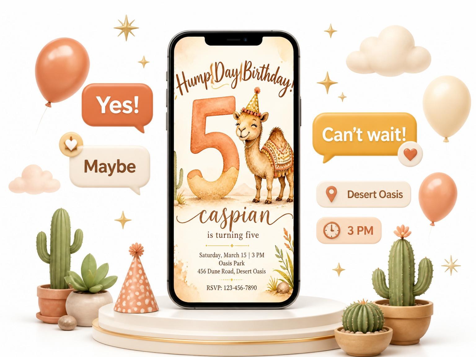 The Watercolor Camel Desert 5th Birthday invitation on a phone, with guest RSVPs arriving around it