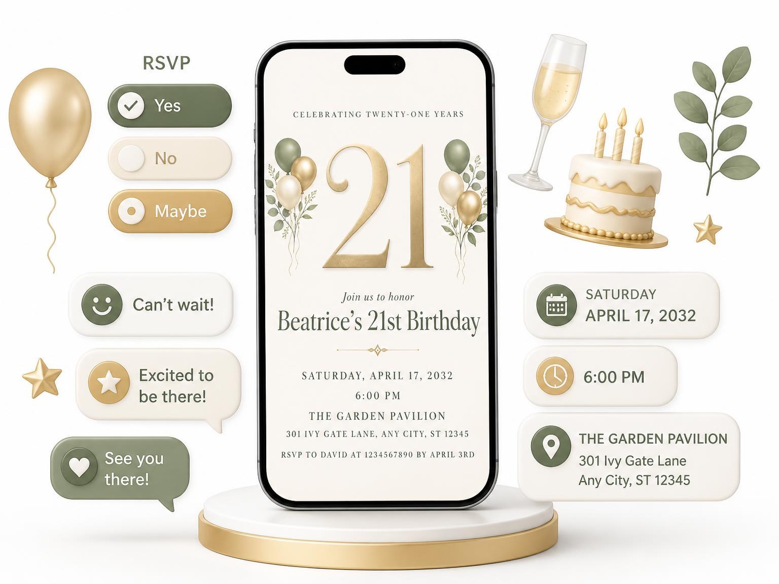 The Sage and Ivory 21st Birthday Invitation invitation on a phone, with guest RSVPs arriving around it