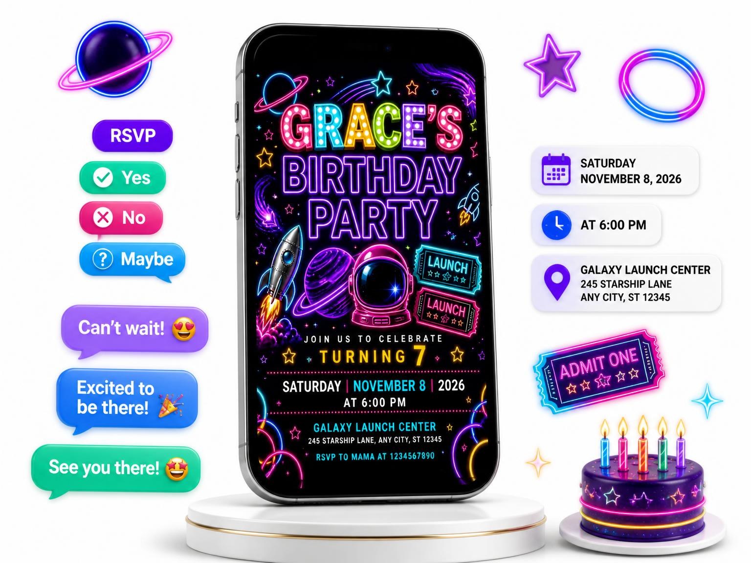 The Neon Space 7th Birthday Invitation invitation on a phone, with guest RSVPs arriving around it